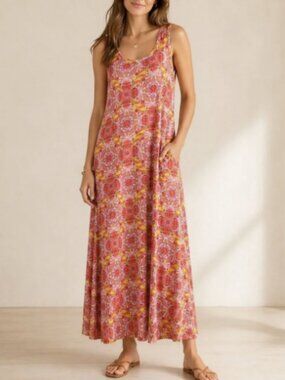 SOFT SURROUNDINGS Santiago Medallion‎ Maxi Dress Pink Cotton Modal Stretch Flowy